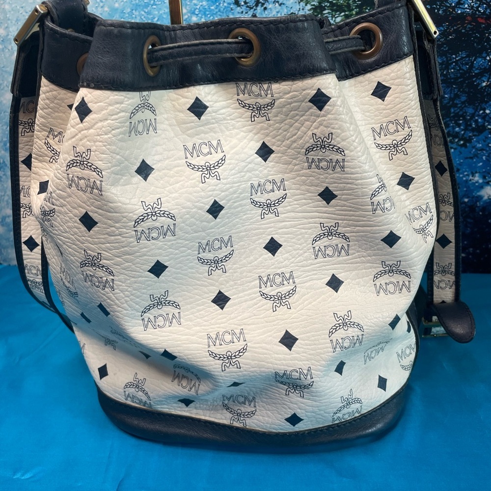 MCM White and Blue Monogram Drawstring Bucket Shoulder Bag - Picture 2 of 14